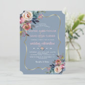 Elegant Dusty Blue Pink Floral Gold Wedding Einladung (Stehend Vorderseite)