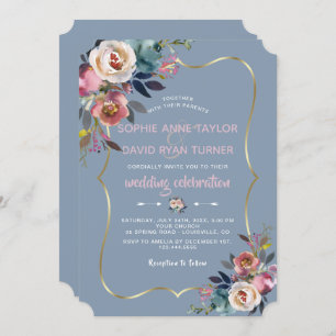 Elegant Dusty Blue Pink Floral Gold Wedding Einladung