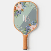 Elegant Dusty Blue Pink Floral Monogram Pickleball Schläger (Rückseite)
