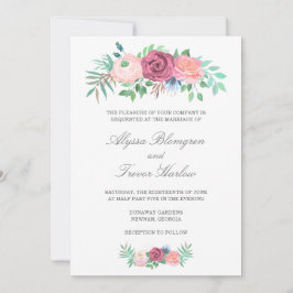 Elegant Dusty Blue Pink Floral Wedding Einladung