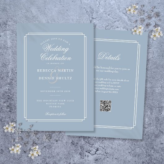 Elegant Dusty Blue QR Code Art Deco Wedding Einladung