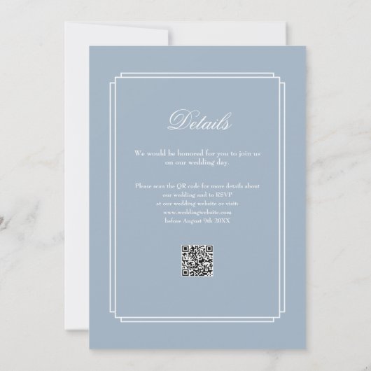 Elegant Dusty Blue QR Code Art Deco Wedding Einladung (Rückseite)