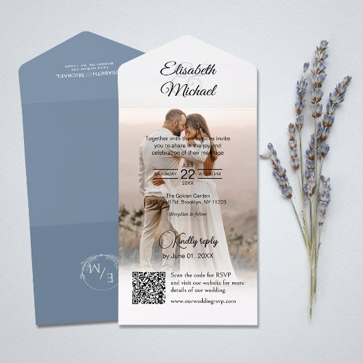 Elegant Dusty Blue QR Code Foto Wedding All In One Einladung