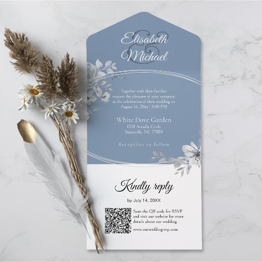 Elegant Dusty Blue QR Code Monogram Wedding RSVP All In One Einladung
