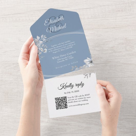 Elegant Dusty Blue QR Code Monogram Wedding RSVP All In One Einladung (Abreißen)