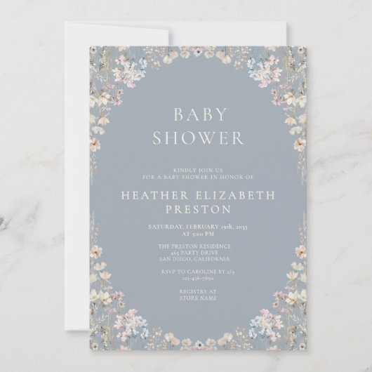 Elegant Dusty Blue QR Code Wildflower Baby Shower Einladung (Vorderseite)