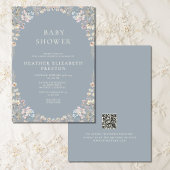 Elegant Dusty Blue QR Code Wildflower Baby Shower  Einladung