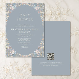 Elegant Dusty Blue QR Code Wildflower Baby Shower  Einladung