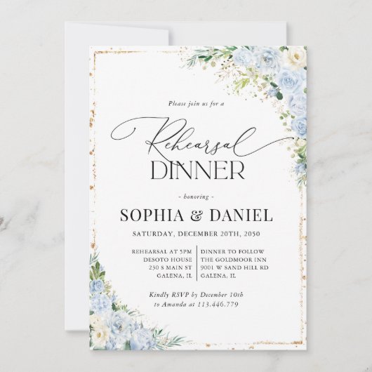 Elegant Dusty Blue Rehearsal Dinner Invitation Einladung (Vorderseite)