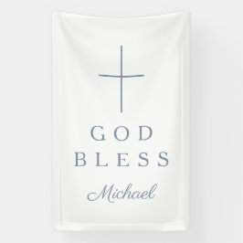 Elegant Dusty Blue Religious Cross Boy God Bless Banner