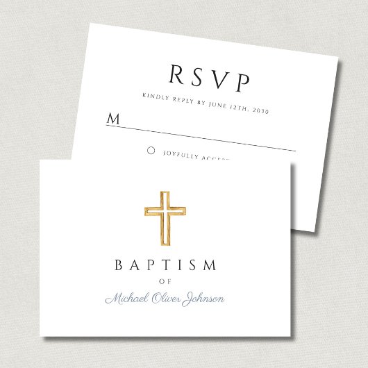 Elegant Dusty Blue Religious Cross Boy Taufe RSVP Karte