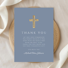 Elegant Dusty Blue Religious Cross First Communion Dankeskarte
