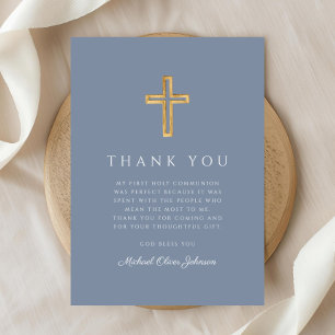 Elegant Dusty Blue Religious Cross First Communion Dankeskarte