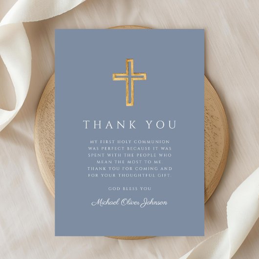 Elegant Dusty Blue Religious Cross First Communion Dankeskarte