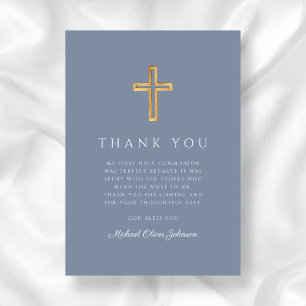 Elegant Dusty Blue Religious Cross First Communion Dankeskarte