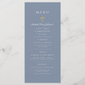 Elegant Dusty Blue Religious Cross First Communion Menükarte (Vorderseite)