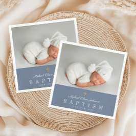 Elegant Dusty Blue Religious Cross Foto Taufe Serviette