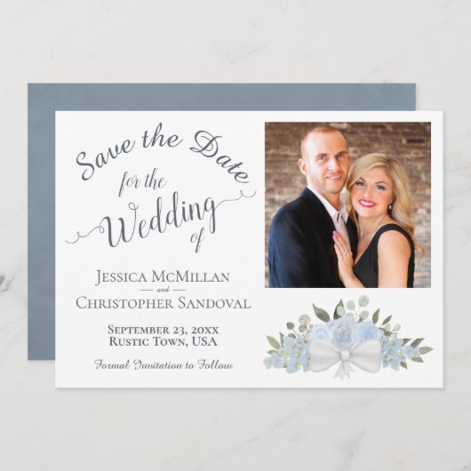 Elegant Dusty Blue Rose Calligraphy Foto Wedding Save The Date (Vorne/Hinten)