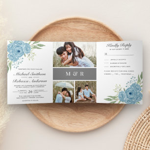 Elegant Dusty Blue Rose Foto Collage Wedding Dreifach Gefaltete Einladung