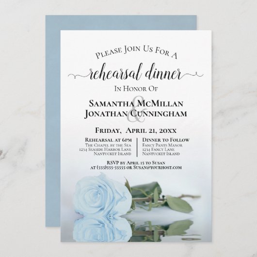 Elegant Dusty Blue Rose Hochzeit Probe Dinner Einladung (Vorne/Hinten)