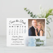Elegant Dusty Blue Rose Kalender & Foto Hochzeit Save The Date (Stehend Vorderseite)