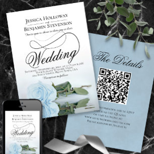 Elegant Dusty Blue Rose Script QR Code Wedding Einladung