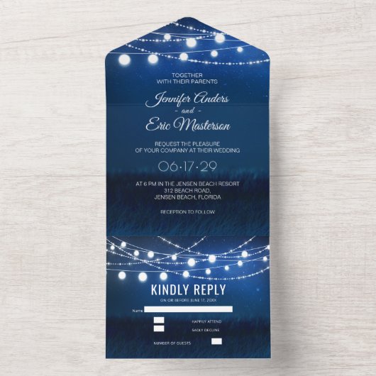 Elegant Dusty Blue Rustic String Lights Wedding All In One Einladung (Innen Boden)