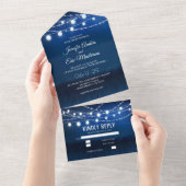 Elegant Dusty Blue Rustic String Lights Wedding All In One Einladung (Abreißen)