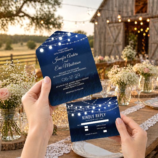Elegant Dusty Blue Rustic String Lights Wedding All In One Einladung