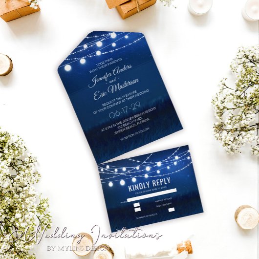 Elegant Dusty Blue Rustic String Lights Wedding All In One Einladung