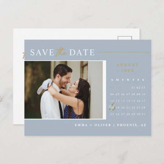 Elegant Dusty Blue Save the Date Calendar QR Code Postkarte (Vorne/Hinten)