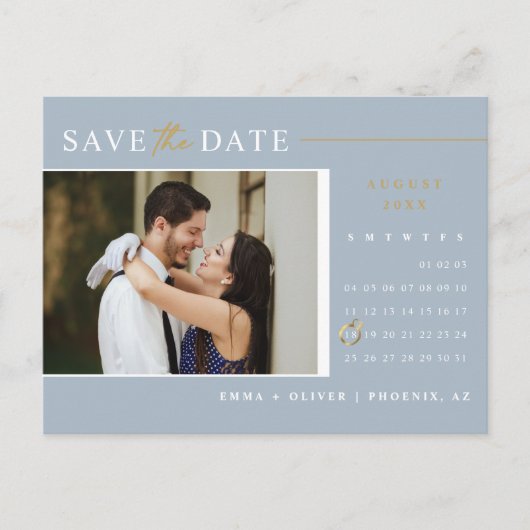 Elegant Dusty Blue Save the Date Calendar QR Code Postkarte (Vorderseite)