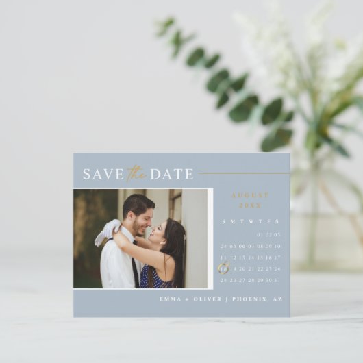 Elegant Dusty Blue Save the Date Calendar QR Code Postkarte (Stehend Vorderseite)