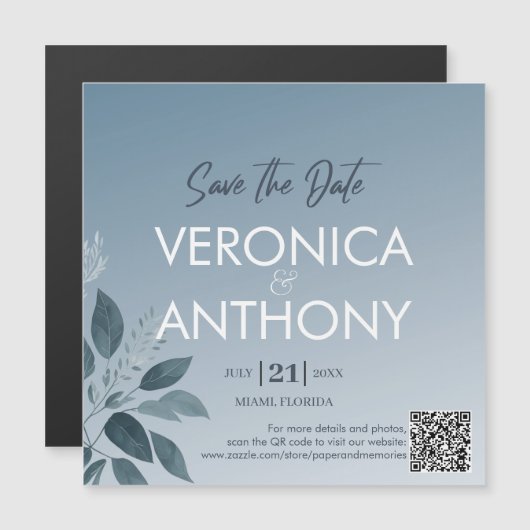 Elegant Dusty Blue Save the Date QR Code Wedding Magneteinladung (Vorne/Hinten)
