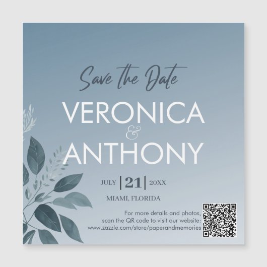 Elegant Dusty Blue Save the Date QR Code Wedding Magneteinladung (Vorderseite)