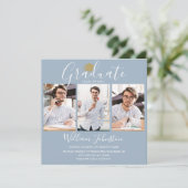 Elegant Dusty Blue Script 4 Foto Graduation Party Einladung (Stehend Vorderseite)