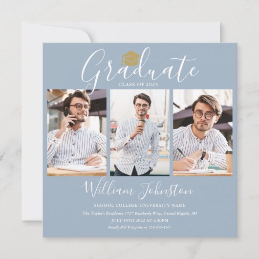 Elegant Dusty Blue Script 4 Foto Graduation Party Einladung (Vorderseite)