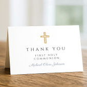 Elegant Dusty Blue Script Boy First Communion  Dankeskarte