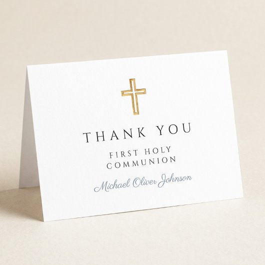 Elegant Dusty Blue Script Boy First Communion  Dankeskarte