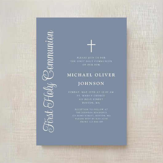 Elegant Dusty Blue Script Boy First Communion Einladung