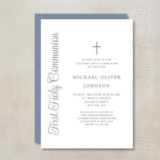 Elegant Dusty Blue Script Boy First Communion Einladung