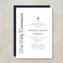 Elegant Dusty Blue Script Boy First Communion Einladung