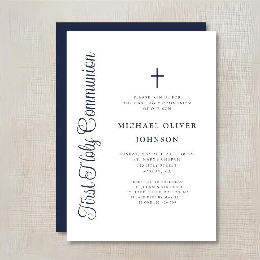 Elegant Dusty Blue Script Boy First Communion Einladung