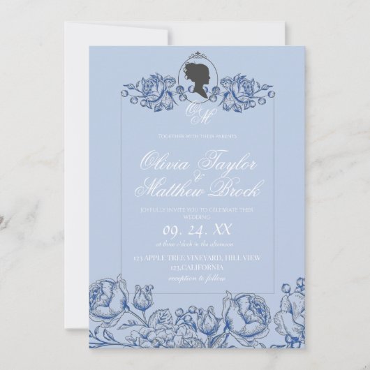 Elegant Dusty Blue Script Bridgerton Wedding Einladung (Vorderseite)