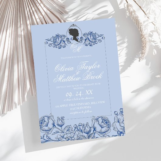 Elegant Dusty Blue Script Bridgerton Wedding Einladung