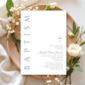 Elegant Dusty Blue Script Cross Baptisse Einladung