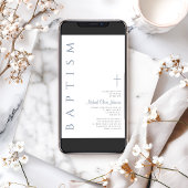 Elegant Dusty Blue Script Cross Baptisse Einladung