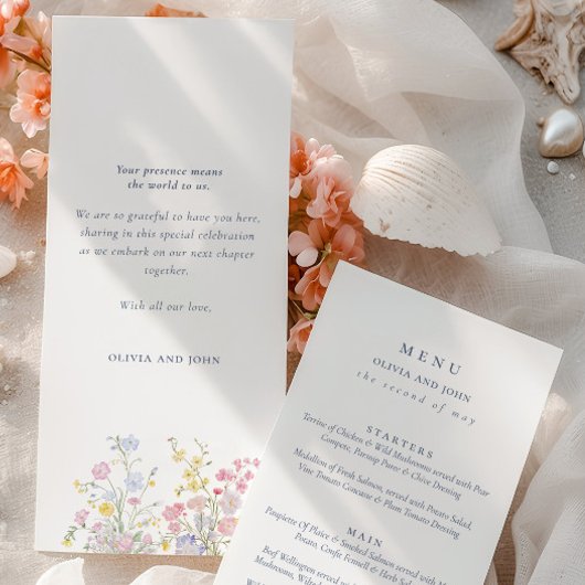 Elegant dusty Blue Script Double Side Wedding Menükarte