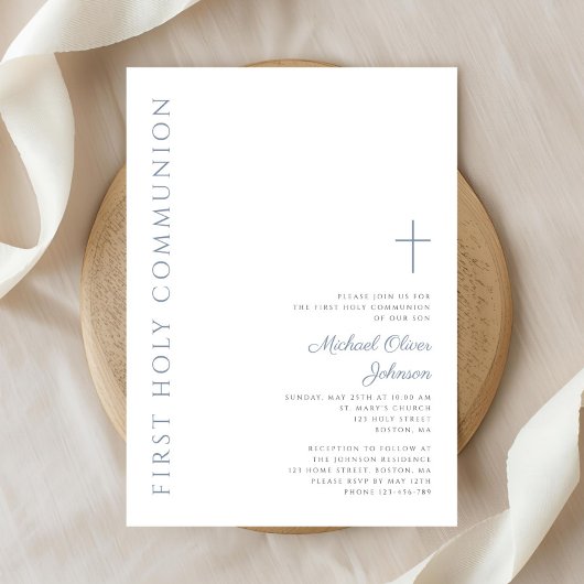 Elegant Dusty Blue Script Erste Heilige Kommunion Einladung