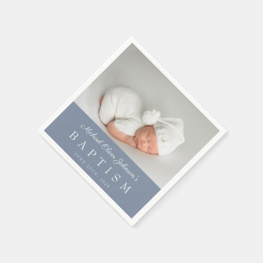 Elegant Dusty Blue Script Foto Boy Baptisse Serviette (Ecke)